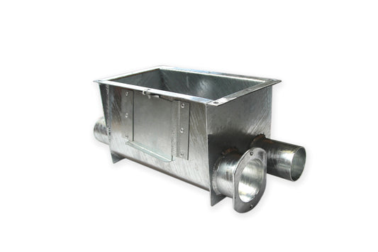 Boot box for silo hopper | 75 mm 2-fold | Galvanised | Includes flange plate for expansion shaft | 1 x continuous | Agriculture Feed System | Pig Poultry Dairy and Beef